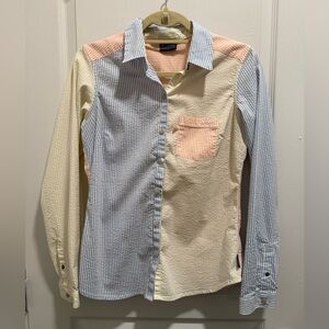 Columbia Women's PFG Button Down Shirt in Yellow, Blue, and Orange Seersucker